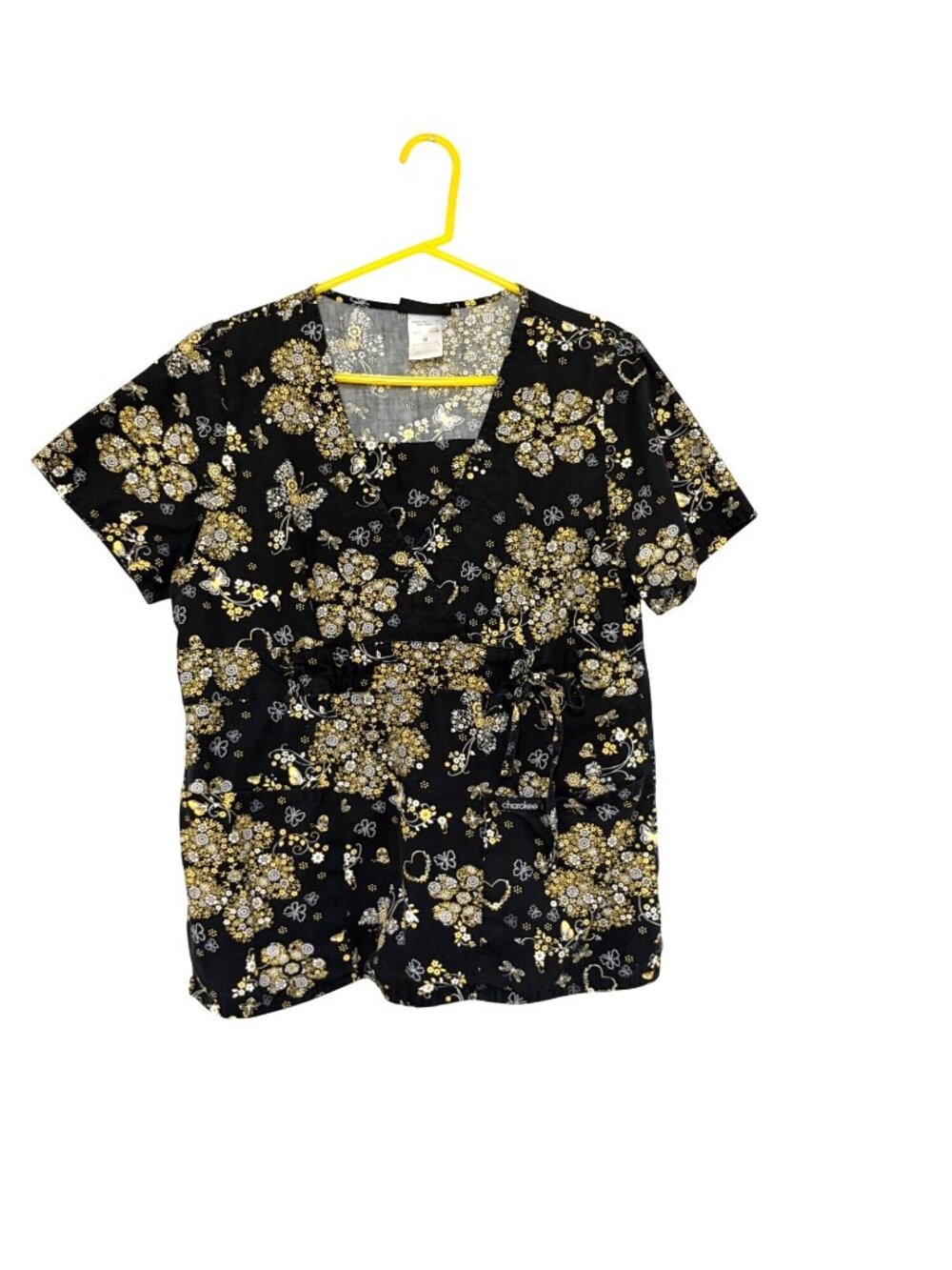 Cherokee Womens Medium Short Sleeve Vneck Scrub Top Shirt Black Yellow floral Ga